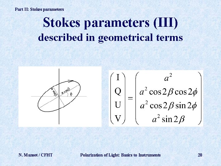 Part II: Stokes parameters (III) described in geometrical terms N. Manset / CFHT Polarization
