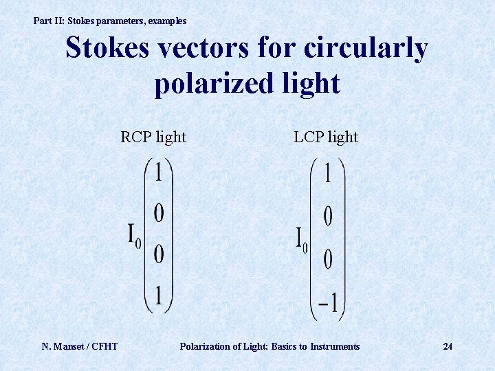 Part II: Stokes parameters, examples Stokes vectors for circularly polarized light RCP light N.