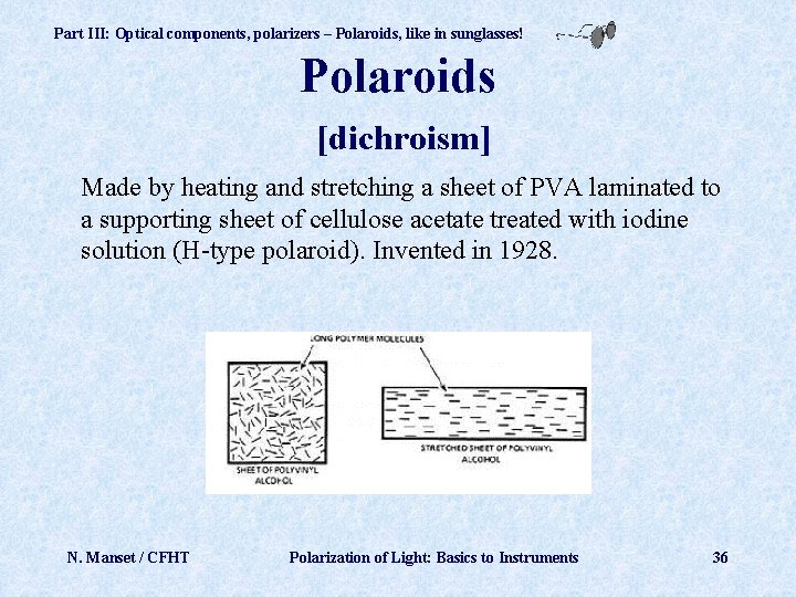 Part III: Optical components, polarizers – Polaroids, like in sunglasses! Polaroids [dichroism] Made by