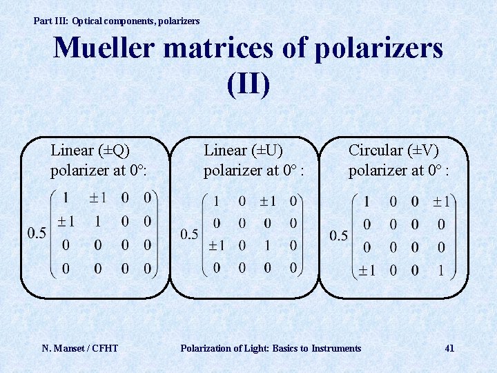 Part III: Optical components, polarizers Mueller matrices of polarizers (II) Linear (±Q) polarizer at