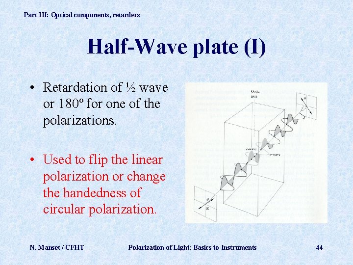 Part III: Optical components, retarders Half-Wave plate (I) • Retardation of ½ wave or