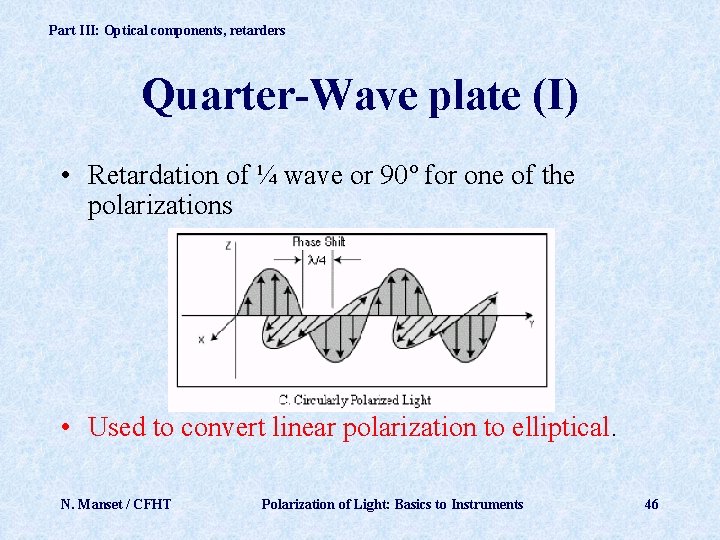 Part III: Optical components, retarders Quarter-Wave plate (I) • Retardation of ¼ wave or