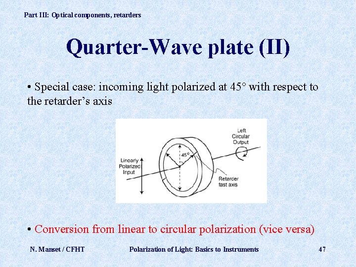 Part III: Optical components, retarders Quarter-Wave plate (II) • Special case: incoming light polarized