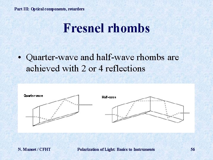 Part III: Optical components, retarders Fresnel rhombs • Quarter-wave and half-wave rhombs are achieved