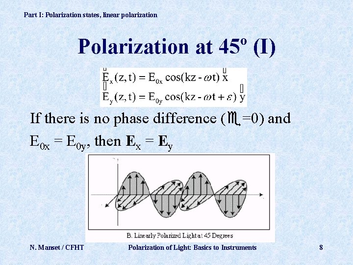 Part I: Polarization states, linear polarization Polarization at 45º (I) If there is no