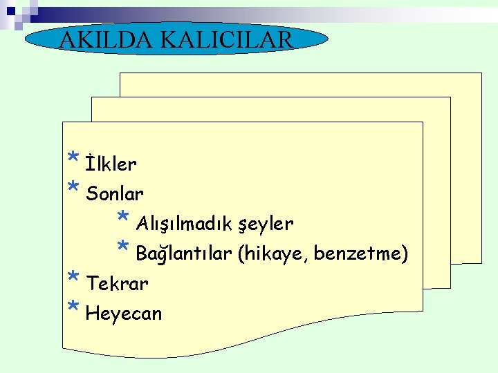AKILDA KALICILAR * İlkler * Sonlar * Alışılmadık şeyler * Bağlantılar (hikaye, benzetme) *