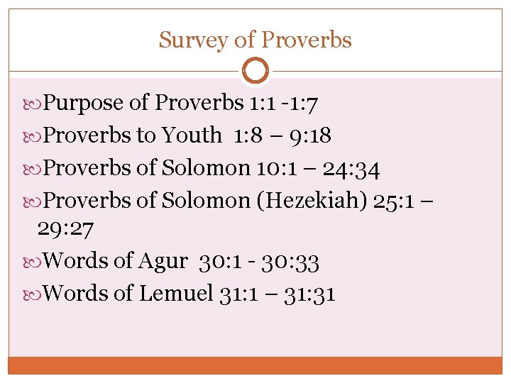 Survey of Proverbs Purpose of Proverbs 1: 1 -1: 7 Proverbs to Youth 1: