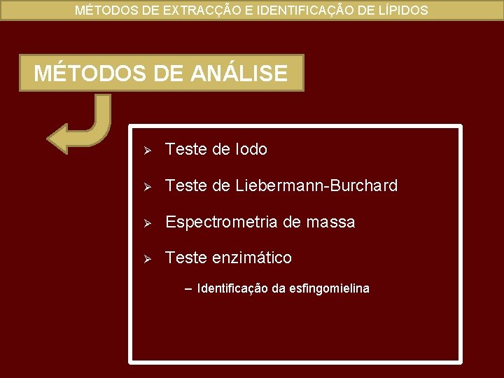 MÉTODOS DE EXTRACÇÃO E IDENTIFICAÇÃO DE LÍPIDOS MÉTODOS DE ANÁLISE Ø Teste de Iodo