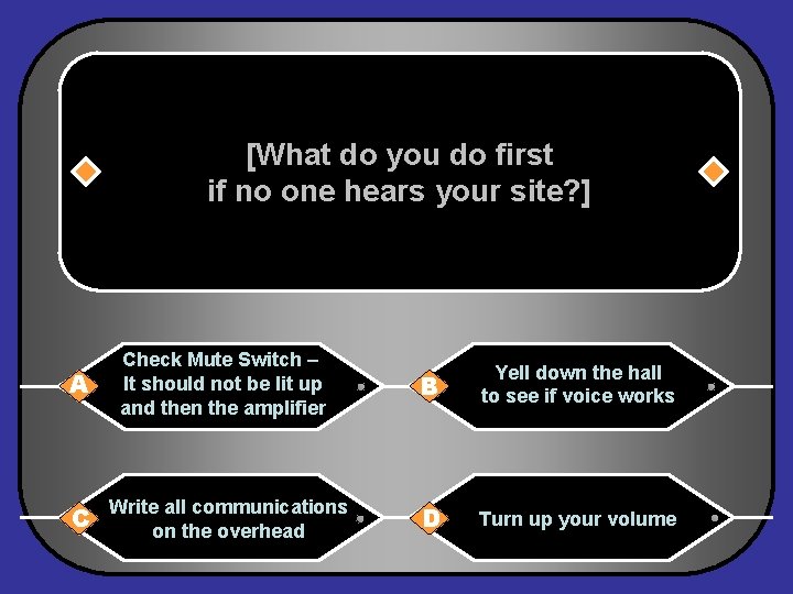 [What do you do first if no one hears your site? ] A Check