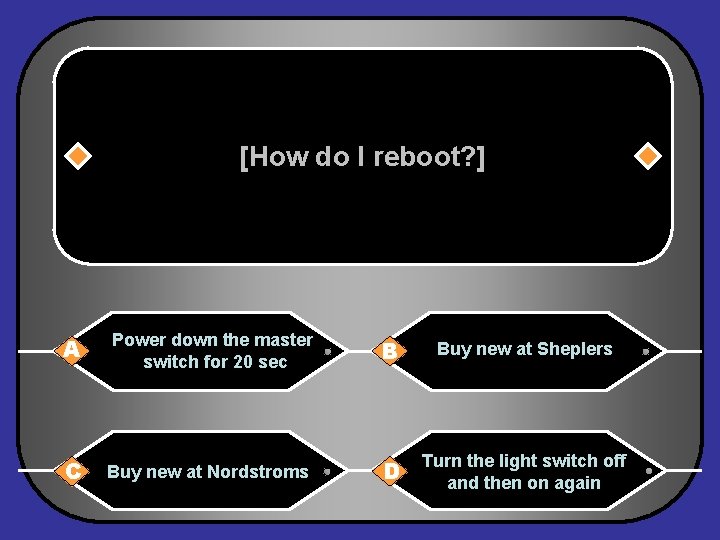 [How do I reboot? ] A Power down the master switch for 20 sec