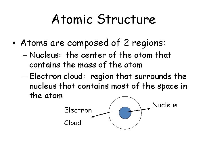 Atomic Structure • Atoms are composed of 2 regions: – Nucleus: the center of