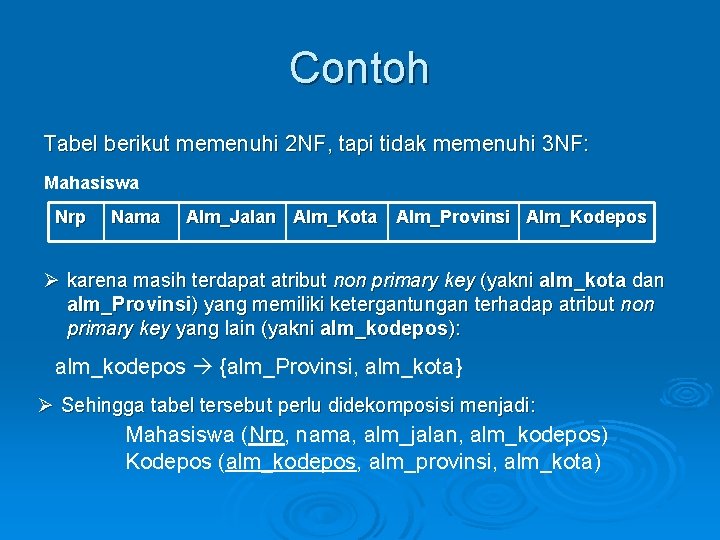 Contoh Tabel berikut memenuhi 2 NF, tapi tidak memenuhi 3 NF: Mahasiswa Nrp Nama