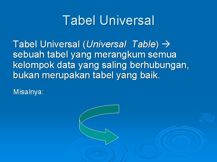 Tabel Universal (Universal Table) sebuah tabel yang merangkum semua kelompok data yang saling berhubungan,