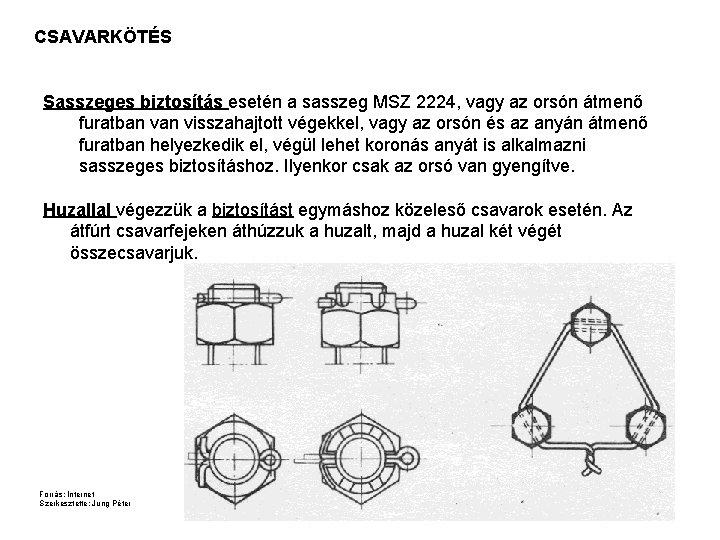 CSAVARKÖTÉS Sasszeges biztosítás esetén a sasszeg MSZ 2224, vagy az orsón átmenő furatban visszahajtott