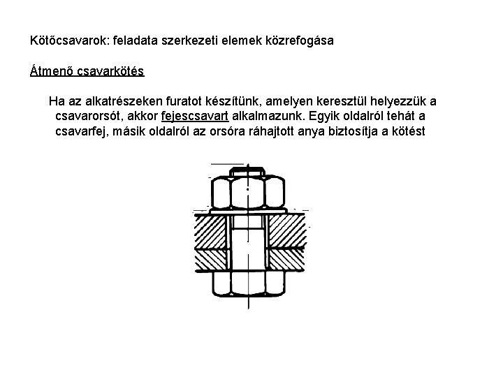 Kötőcsavarok: feladata szerkezeti elemek közrefogása Átmenő csavarkötés Ha az alkatrészeken furatot készítünk, amelyen keresztül