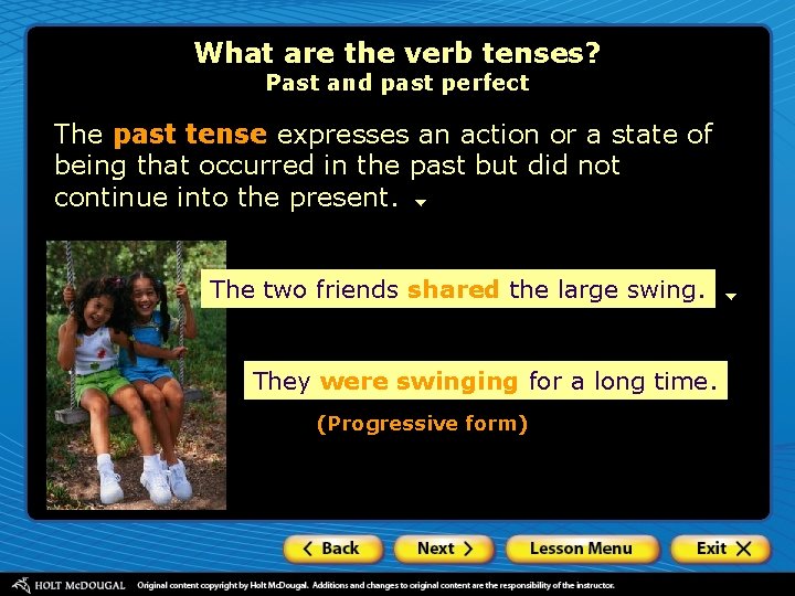 What are the verb tenses? Past and past perfect The past tense expresses an