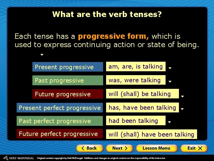 What are the verb tenses? Each tense has a progressive form, which is used