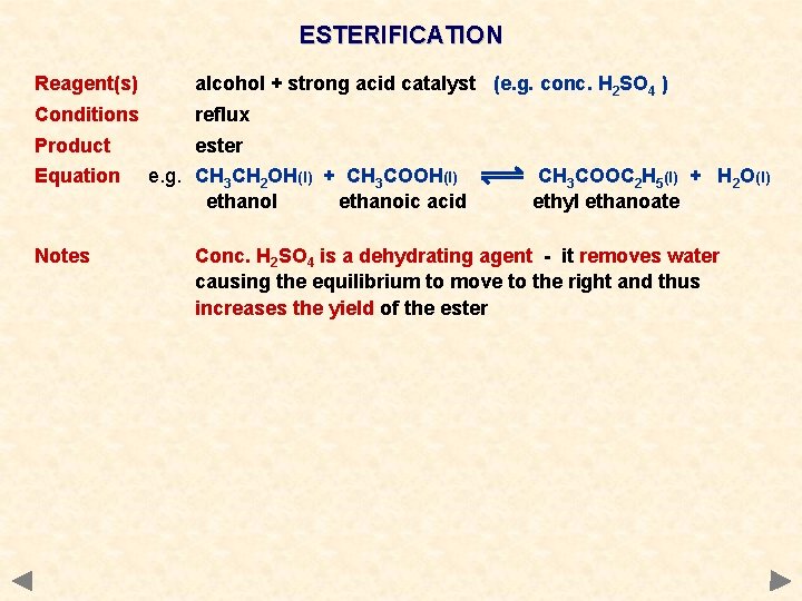 ESTERIFICATION Reagent(s) alcohol + strong acid catalyst (e. g. conc. H 2 SO 4