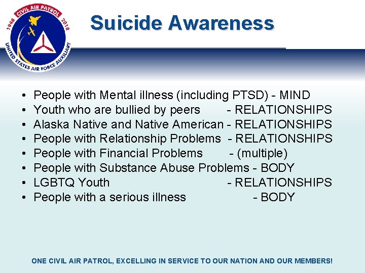 Suicide Awareness • • People with Mental illness (including PTSD) - MIND Youth who