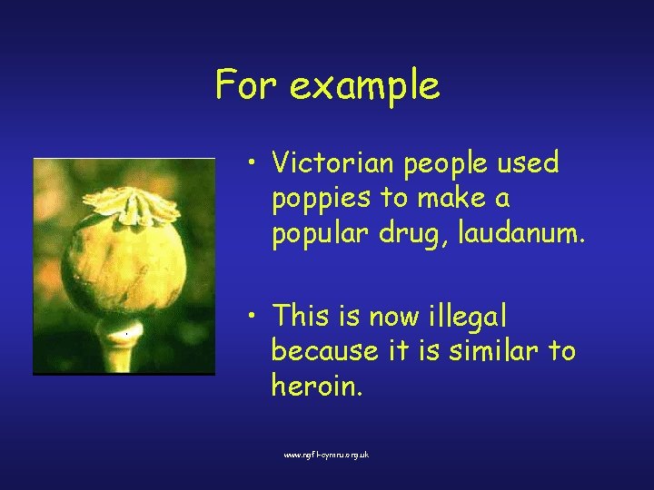 For example • Victorian people used poppies to make a popular drug, laudanum. •