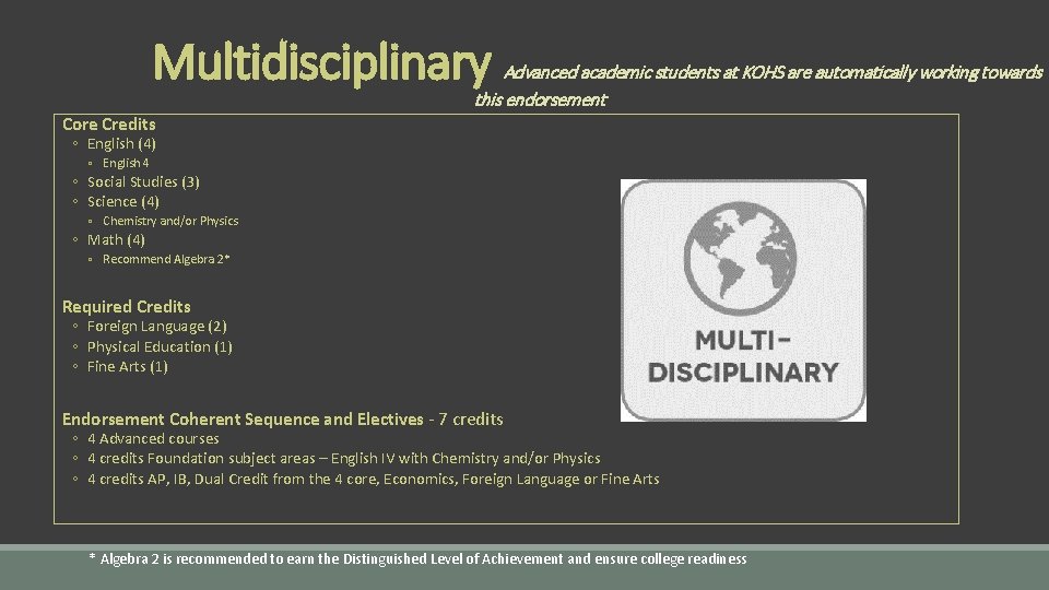 Multidisciplinary Advanced academic students at KOHS are automatically working towards this endorsement Core Credits