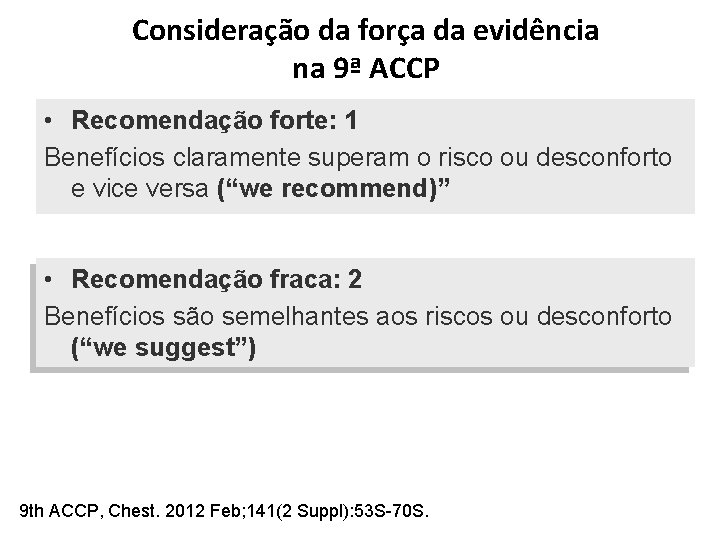 Consideração da força da evidência na 9ª ACCP • Recomendação forte: 1 Benefícios claramente