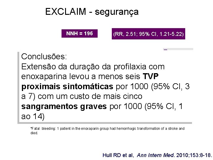 EXCLAIM - segurança NNH = 196 P=S (RR, 2. 51; 95% CI, 1. 21