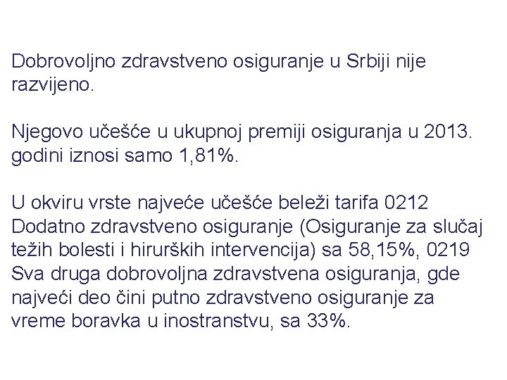 Dobrovoljno zdravstveno osiguranje u Srbiji nije razvijeno. Njegovo učešće u ukupnoj premiji osiguranja u