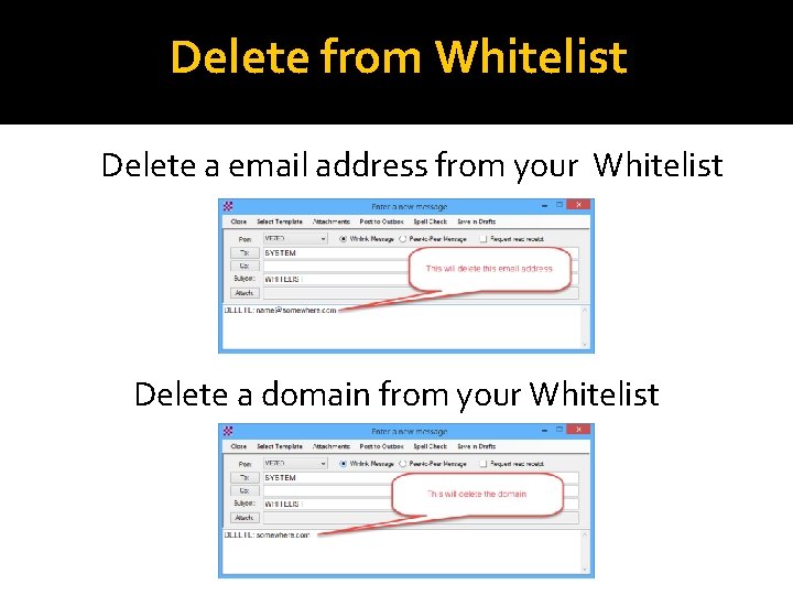 Delete from Whitelist Delete a email address from your Whitelist Delete a domain from