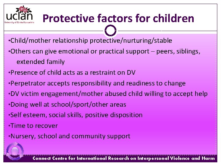 Protective factors for children • Child/mother relationship protective/nurturing/stable • Others can give emotional or