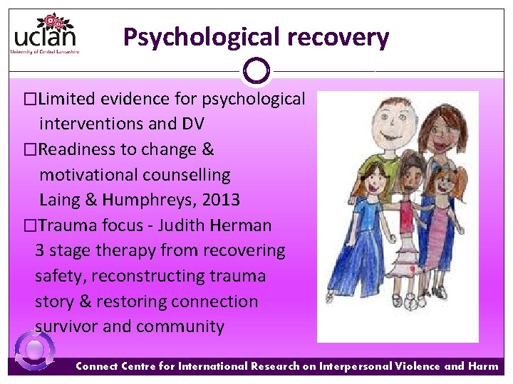 Psychological recovery �Limited evidence for psychological interventions and DV �Readiness to change & motivational