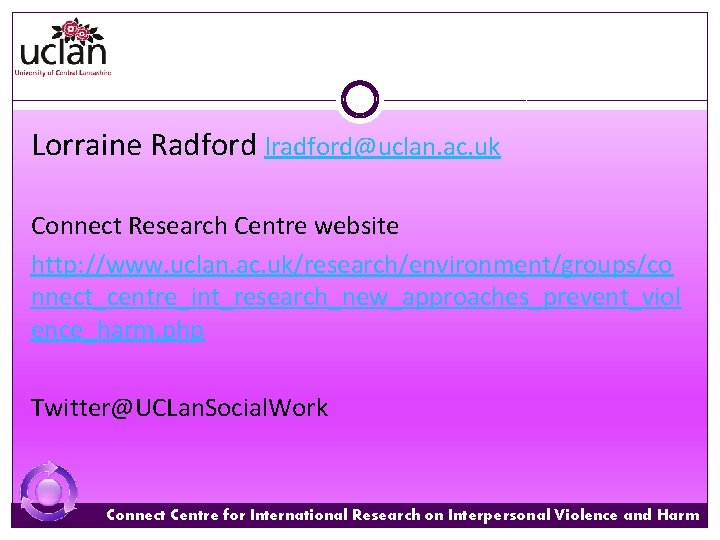 Lorraine Radford lradford@uclan. ac. uk Connect Research Centre website http: //www. uclan. ac. uk/research/environment/groups/co