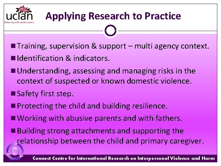 Applying Research to Practice n Training, supervision & support – multi agency context. n