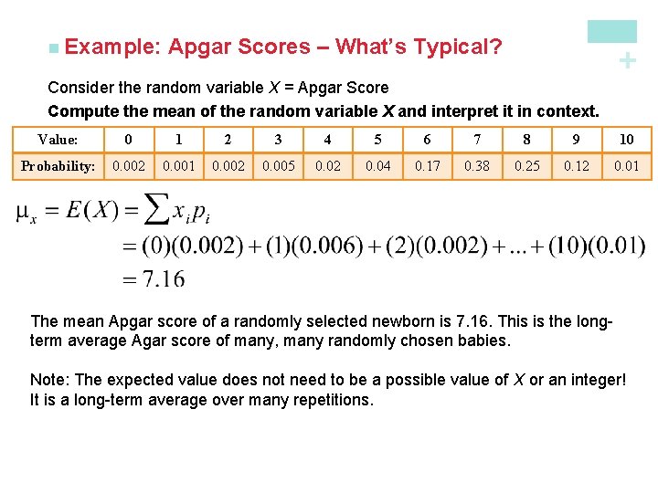 Apgar Scores – What’s Typical? + n Example: Consider the random variable X =