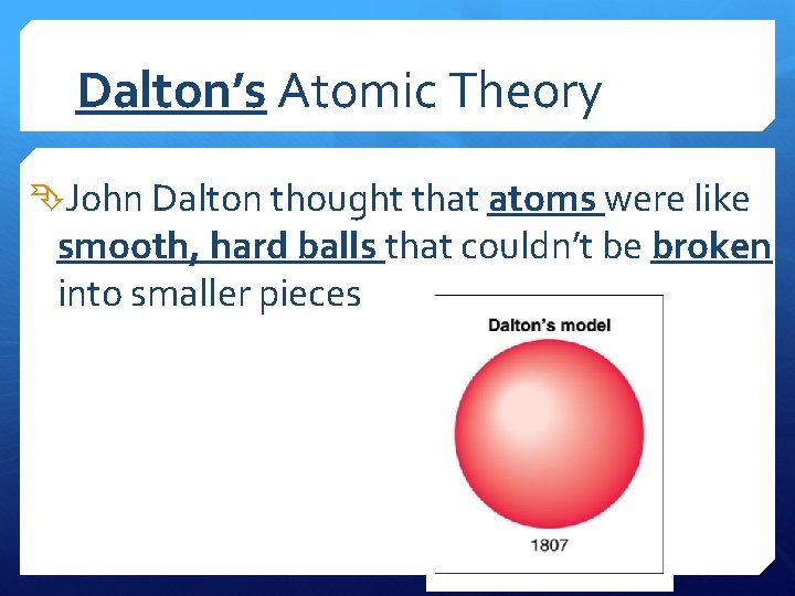 Dalton’s Atomic Theory John Dalton thought that atoms were like smooth, hard balls that