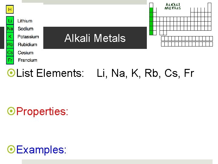 Alkali Metals List Elements: Properties: Examples: Li, Na, K, Rb, Cs, Fr 