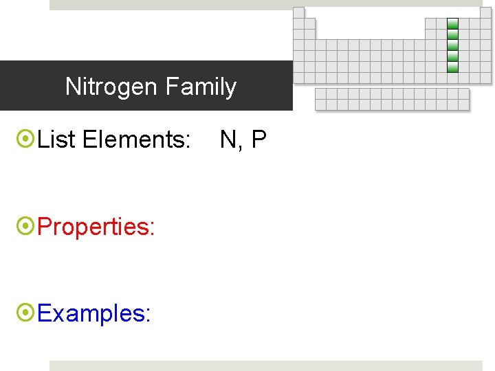 Nitrogen Family List Elements: Properties: Examples: N, P 