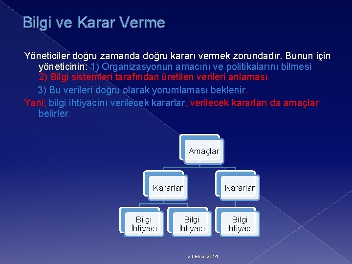 Bilgi ve Karar Verme Yöneticiler doğru zamanda doğru kararı vermek zorundadır. Bunun için yöneticinin: