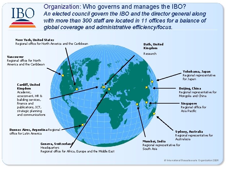 Organization: Who governs and manages the IBO? An elected council govern the IBO and