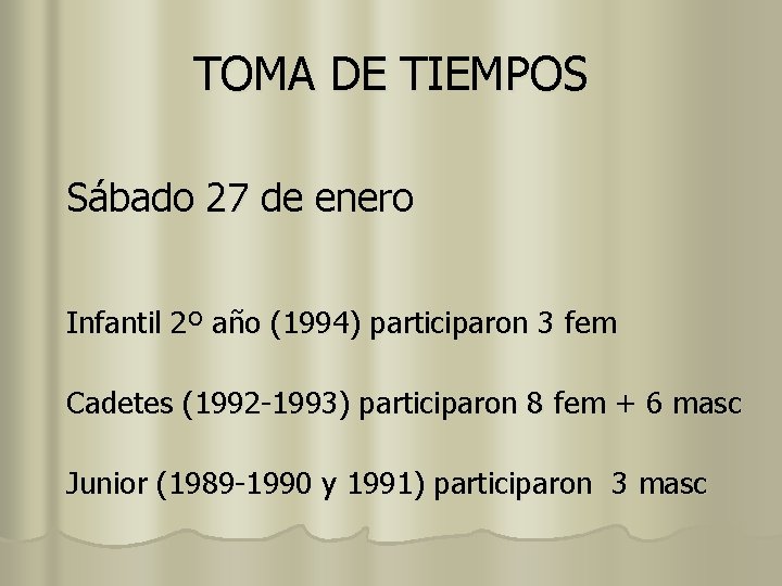 TOMA DE TIEMPOS Sábado 27 de enero Infantil 2º año (1994) participaron 3 fem