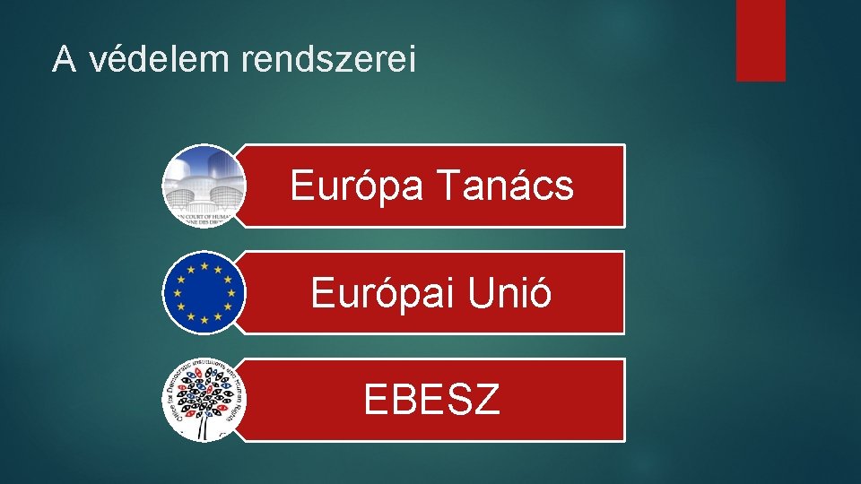 A védelem rendszerei Európa Tanács Európai Unió EBESZ 