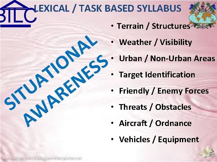 LEXICAL / TASK BASED SYLLABUS BILC • Terrain / Structures • Weather / Visibility