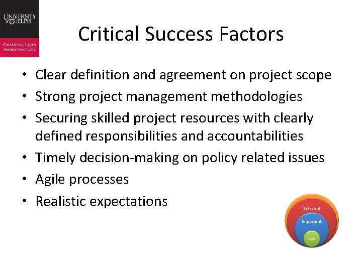 Critical Success Factors • Clear definition and agreement on project scope • Strong project