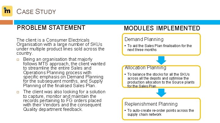 CASE STUDY PROBLEM STATEMENT MODULES IMPLEMENTED The client is a Consumer Electricals Organisation with