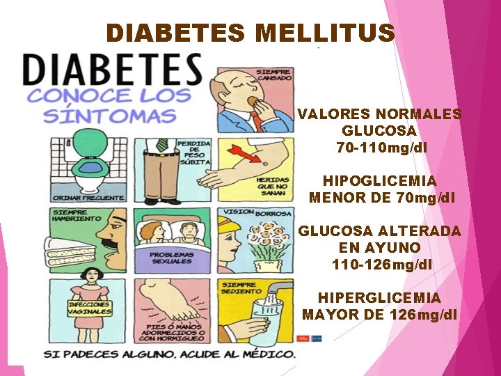 DIABETES MELLITUS VALORES NORMALES GLUCOSA 70 -110 mg/dl HIPOGLICEMIA MENOR DE 70 mg/dl GLUCOSA