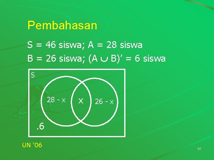 Pembahasan S = 46 siswa; A = 28 siswa B = 26 siswa; (A Pembahasan S = 46 siswa; A = 28 siswa B = 26 siswa; (A