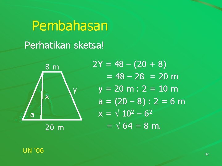 Pembahasan Perhatikan sketsa! 8 m x a 20 m UN ‘ 06 y 2 Pembahasan Perhatikan sketsa! 8 m x a 20 m UN ‘ 06 y 2