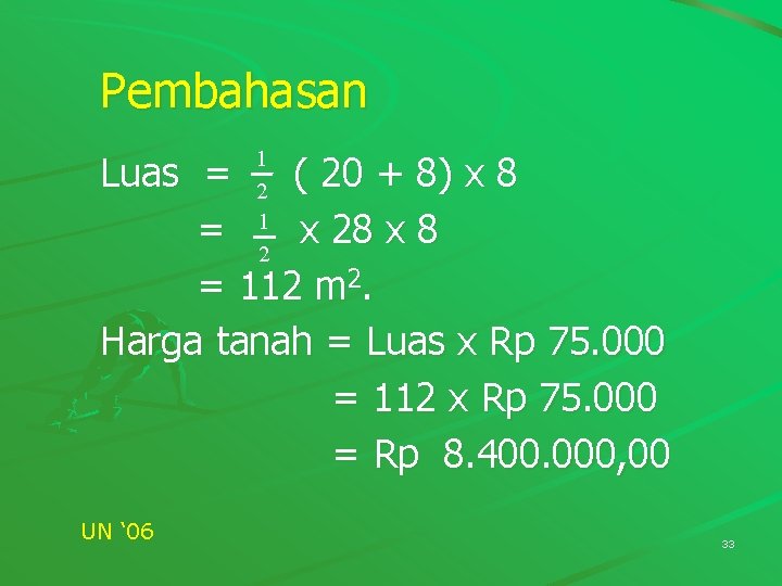 Pembahasan 1 2 Luas = ( 20 + 8) x 8 = x 28 Pembahasan 1 2 Luas = ( 20 + 8) x 8 = x 28