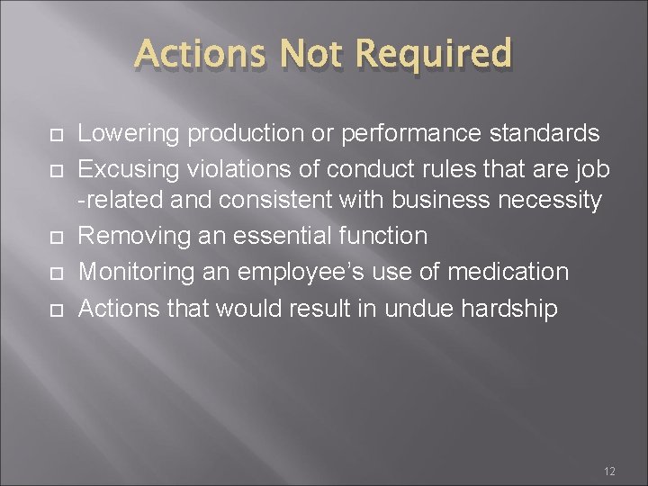 Actions Not Required Lowering production or performance standards Excusing violations of conduct rules that