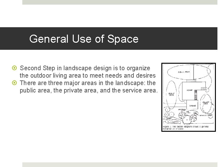 General Use of Space Second Step in landscape design is to organize the outdoor